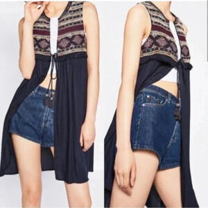 ZARA LONG EMBROIDERED WAISTCOAT VEST Embroidered Tassels size Small NWT